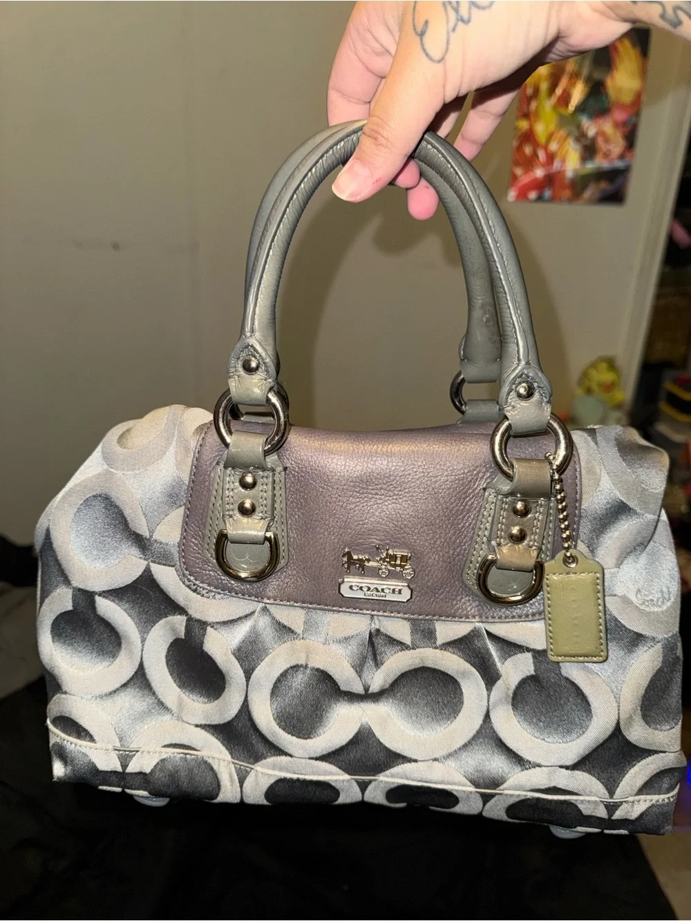 Coach Jacquard Signature Satchel in Gray and Taupe Leather